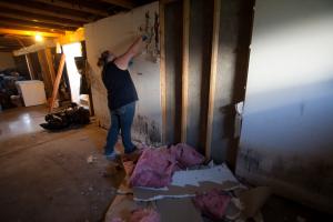 Mold remediation teams cut away moldy drywall.